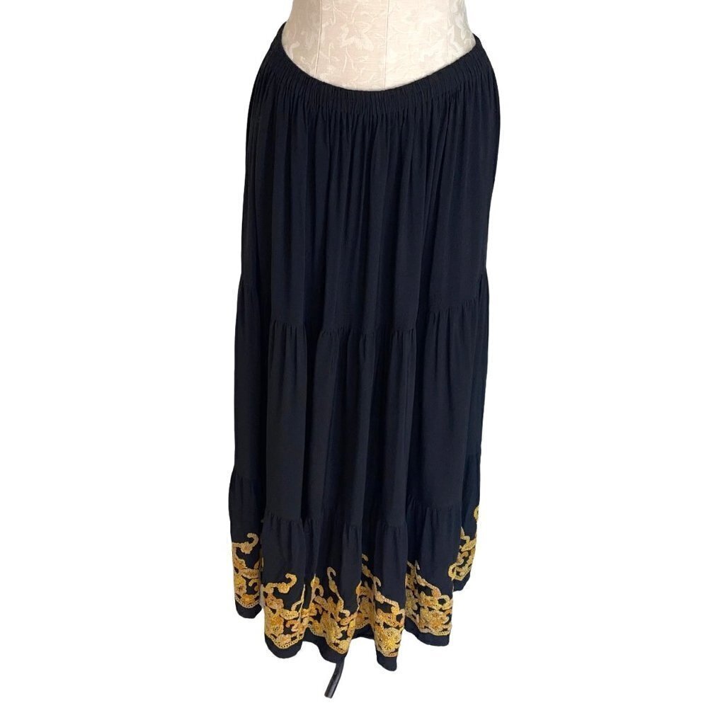 Double D Ranch Maxi Skirt Womens Size Medium M Vintage Tiered Embroidered Black